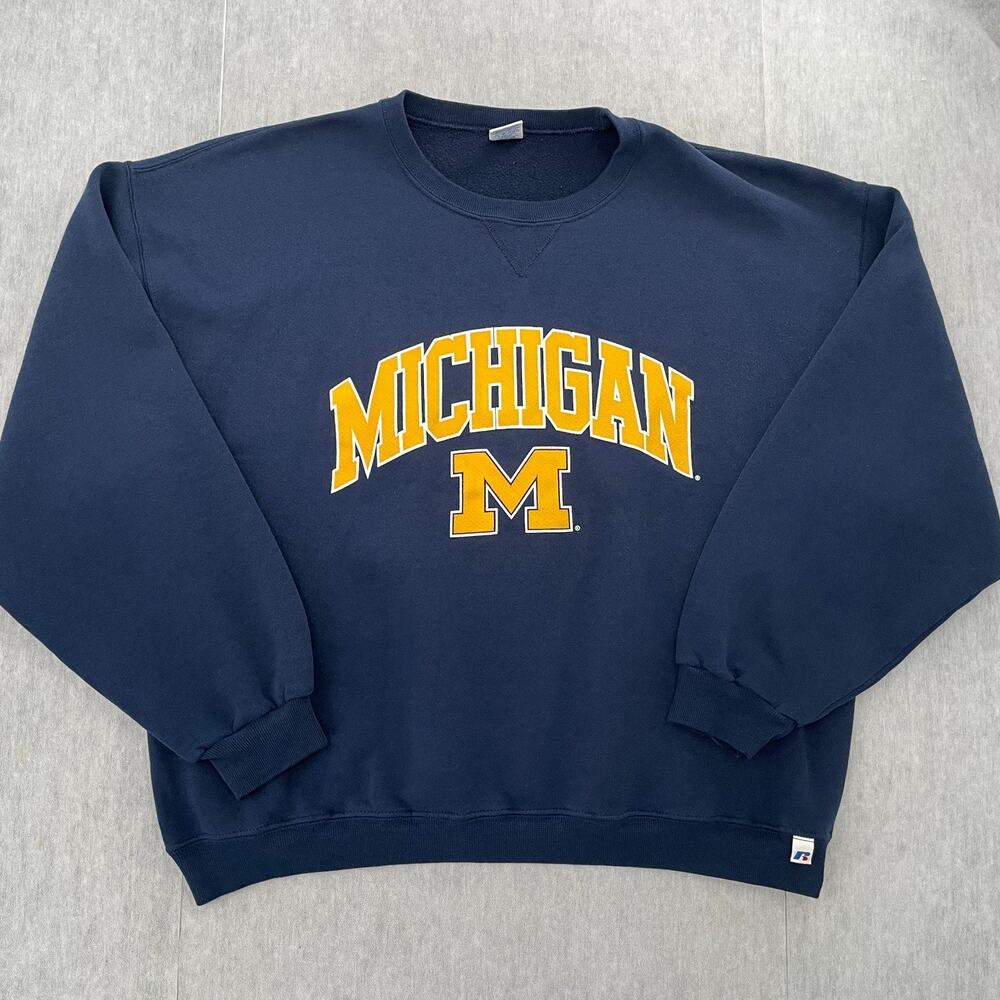 VINTAGE Michigan Wolverines Sweater Adult 2XL Blue Crew Neck Pullover Mens XXL
